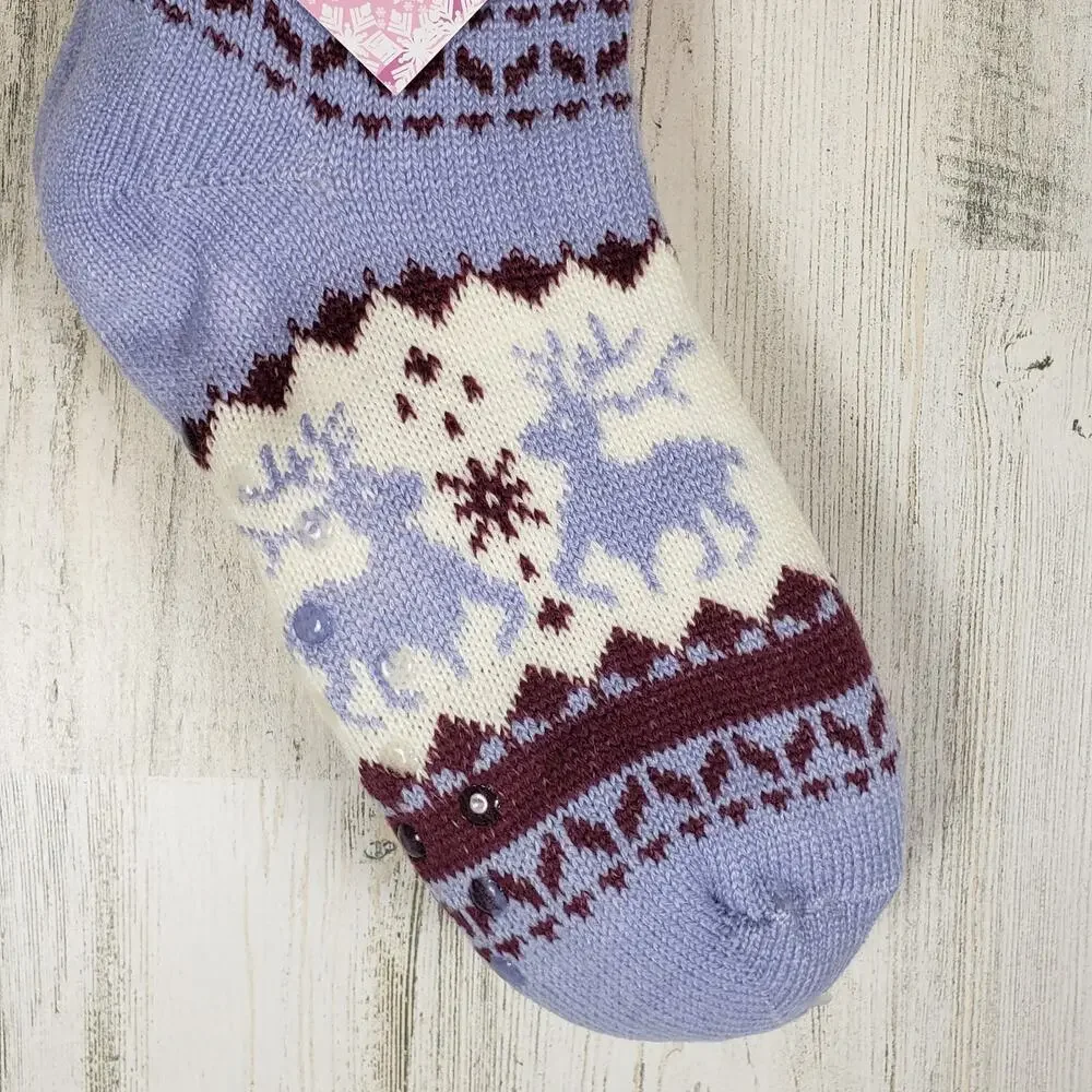 NWT Mari Clare Sherpa Lined Knit Winter Reindeer Design No-Slip Slipper Socks